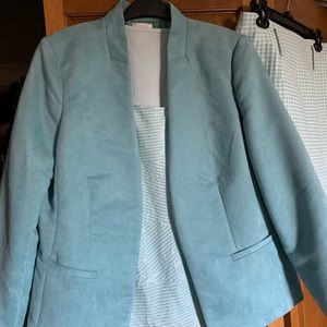 Aqua faux suede jacket, shell, and checked skirt